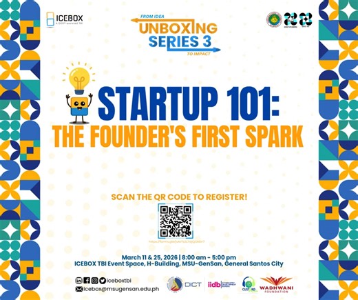 𝗘𝗣. 𝟭 — 𝗦𝗧𝗔𝗥𝗧𝗨𝗣 𝟭𝟬𝟭: 𝗧𝗵𝗲 𝗙𝗼𝘂𝗻𝗱𝗲𝗿’𝘀 𝗙𝗶𝗿𝘀𝘁 𝗦𝗽𝗮𝗿𝗸 𝗥𝗘𝗚𝗜𝗦𝗧𝗥𝗔𝗧𝗜𝗢𝗡 𝗜𝗦 𝗡𝗢𝗪 𝗢𝗣𝗘𝗡 Ready to turn your ideas into impact? We officially open registration for Episode 1 of Unboxing Series 3 — Startup 101: The Founder’s First Spark, happening on March 11, 2026, at the ICEBOX TBI Event Space, H-Building. If you have ever asked yourself how an idea becomes a venture, how a spark becomes a scalable solution, or how founders begin — this is where you start. T