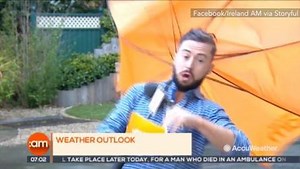His colleagues couldn’t stop laughing when this Ireland weatherman got blown off his feet this morning! | AccuWeather