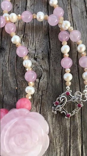 Carved Rose Quartz and Pearl Necklace #rosequartz #handmadejewelry