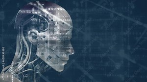 AI Mind. Robot head filled with a 3d matrix of changing numbers. Loops.