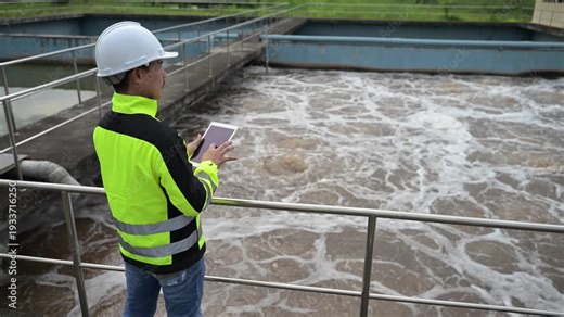 Professional environmental engineers inspecting a modern wastewater treatment plant process, monitoring water quality and aeration system for industrial sustainability and ecology.