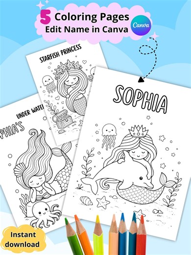 Editable Mermaid Coloring Pages | Personalized Under the Sea Printable for Girls | Custom Name Mermaid Activity Sheets PDF - Etsy