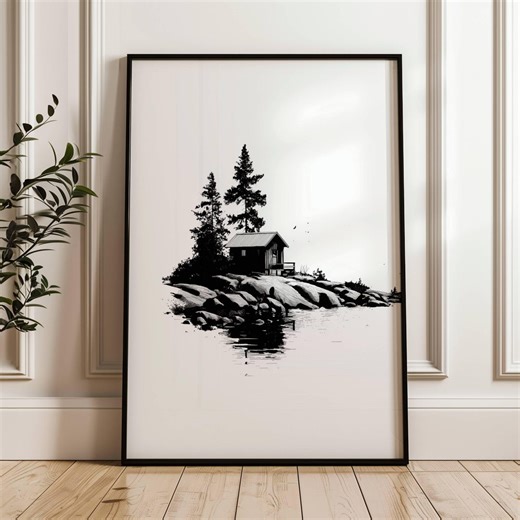 Minimalist Nordic Island Cabin Wall Art Black White Scandinavian Lake House Printable - Etsy