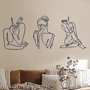 Photect 3 Pcs Metal Wall Art Decor Minimalist Abstract Woman Wall Art Metal Modern Line Drawing Decor Female Single Line Home Hanging for Bedroom Bathroom Living Room Christmas Housewarming(Modern)