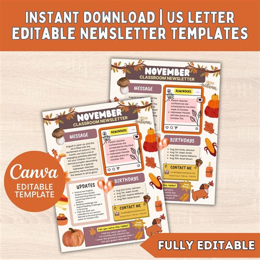 Editable November Classroom Newsletter Template: Fall Thanksgiving Decor (digital Download) - Etsy