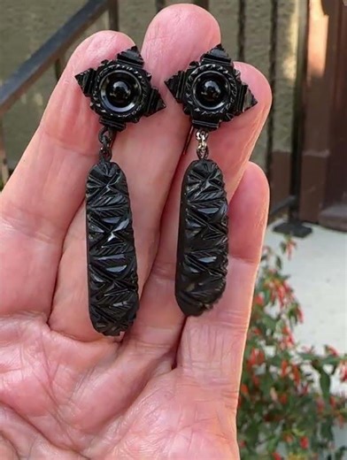 Antique Victorian Long Carved Whitby Jet Earrings