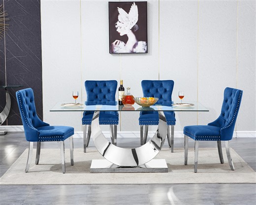 House of Hampton® 70" Glass Dining Table Set, Tempered Glass Dining Table with Velvet Dining Chairs, Luxury Glass Dining Table and Chairs with Stainless Steel Base for Kitchen Dining Room | Wayfair