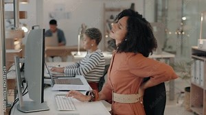 Back pain, office and woman at night with spine problem from work stress and late working. Computer, female person and inflammation issue at a desk with deadline and injury from burnout at company