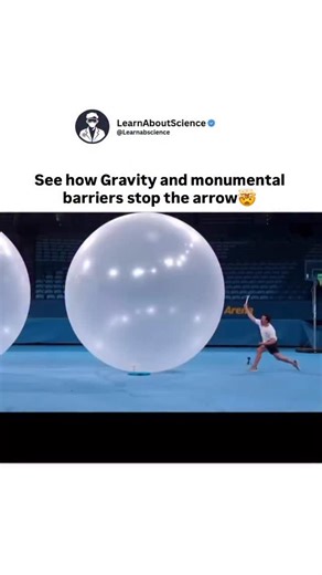 Learn About Science on Instagram: "Many assume arrows only stop when they lose speed naturally. In reality, gravity and solid barriers play decisive roles. Source: controlled demonstrations of projectile motion and impact physics. • Gravity continuously pulls the arrow downward during flight. • Air resistance slows velocity over distance. • Monumental barriers absorb and disperse kinetic energy. • Material density determines whether penetration occurs or not. Misjudging distance or barrier stren