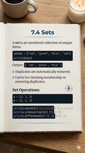 Python Sets: unordered collection, no duplicate! Use {} for union, intersection, difference. #python