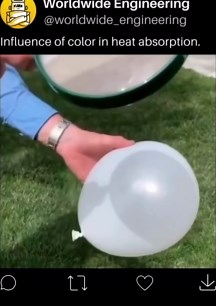 WORLDWIDE ENGINEERING 🌍 on Instagram: "The influence of color on heat absorption is significant and can be observed through an experiment involving dark and white balloons under a magnification lens in sunlight. Dark colors, such as black, absorb more heat because they absorb a wider range of wavelengths from the sunlight spectrum. When sunlight hits a dark surface, it absorbs more energy, leading to an increase in temperature. In contrast, white or lighter colors reflect more light and therefo