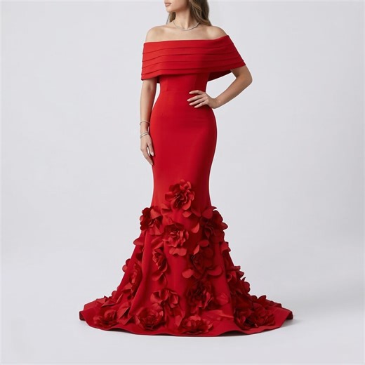 Red off Shoulder Mermaid Prom Dress | 3D Floral Evening Gown | Elegant Formal Party Dress | Wedding Guest Ball Gown - Etsy