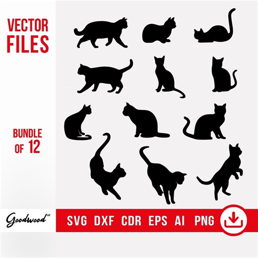 Cat Silhouettes SVG Bundle of 12, Cat Outline Clipart, Feline Cricut Cut Files, Pet Cat DXF Cdr Eps Ai PNG, Vector Art, Laser Cutting Files - Etsy
