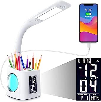 Study LED Desk Lamp with USB Charging Port, Kids Dimmable LED Table Lamp with Clock and Pen Holder, Home Office, College Student Dormitory, Reading Eye Protection Desk Lamp, Color Night Light,10W