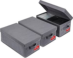 Upgrades DVD Storage Box - Perfect DVD Case Storage Solution, Stackable DVD Organizer with Lid, 3Pack DVD Holder 15.75 x 8.1 x 6.1 inches - Holds 75 DVDs - Grey