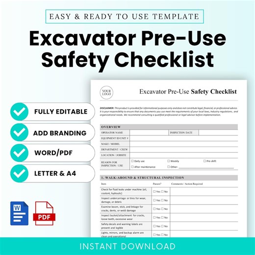 Excavator Pre-use Safety Checklist Template – Word & PDF, A4   US Letter - Etsy Canada