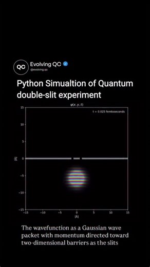 Evolving QC | Quantum Computing on Instagram: "This Python code simulates the quantum double-slit experiment, which numerically solves the time-dependent Schrödinger equation. It models a single electron (or particle) traveling through a two-dimensional potential that mimics a double-slit barrier—two narrow openings through which the particle’s wavefunction can pass. The wavefunction is initialized as a Gaussian wave packet with momentum directed toward the slits, and the simulation tracks how i