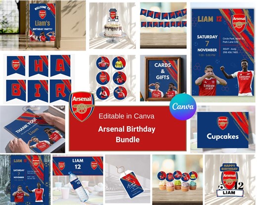 Arsenal Birthday Party Bundle | Editable Football Party Decorations | Arsenal Soccer Printable Birthday Set | Canva Templates - Etsy