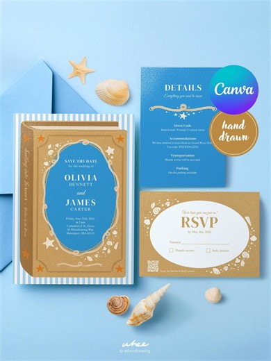 Nautical Book Cover Wedding Invitation Suite - Hand-drawn, Editable Canva Template - Etsy