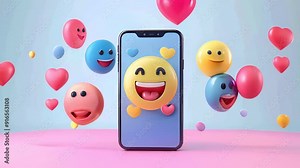 3D emojis around smartphone screen, happy, sad, and love reactions. Colorful digital emotion icons