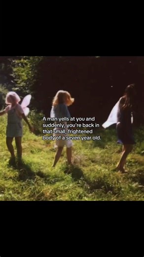 auntvoid on Instagram: "🧸 Interesting fact: This meme explains the psychological reality of age regression during conflict. It features a blurry, nostalgic photo of a child crouching in a field, looking small and vulnerable. The text describes the jarring experience of being a grown adult but feeling instantly transported back to a terrified childhood state the moment a man raises his voice. It hits because the body keeps the score. It validates that specific, paralyzing fear that takes over yo