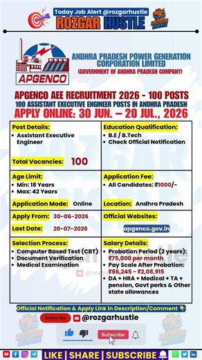 APGENCO AEE Recruitment 2026 | 100 Engineer Posts Out | New Vacancy | Apply Online #shorts