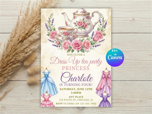 Princess Tea Party Invitation, Princess Birthday Par-tea Invite, Girl Birthday Tea Party, Editable Canva Template - Etsy