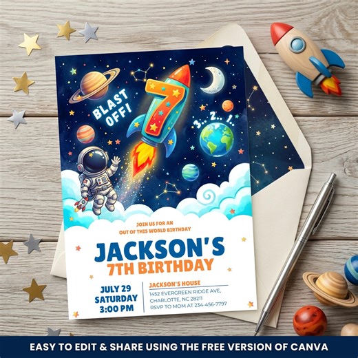 Outer Space Birthday Invitation, Astronaut Rocket Birthday Party Invite, 7th Birthday Boy Invite, Editable Canva Template Printable Download - Etsy