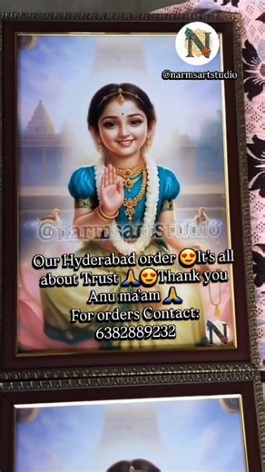 Narms artstudio🧿🌿🧚‍♀️ on Instagram: "Our Hyderabad order 🧿😍It's all about trust ..Thanks a lot Anu ma'am 🙏For ordering beautiful Balambika Murugan and mookambika frames Contact : 6382889232🙏 #narmsartstudio #photoframes #babymurugan #balambika #mookambika"