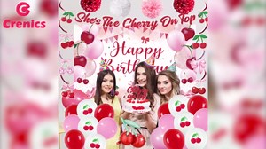 Crenics Cherry Birthday Decorations - Happy Birthday Backdrop, She's The Cherry on Top Banner, Paper Pom Poms, Hanging Swirls, Cake Toppers and Balloons for Girls or Women Party Supplies