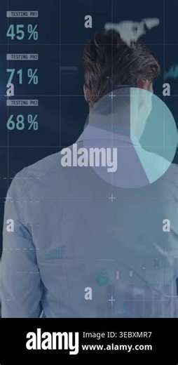 Vertical video: Male analyst facing HUD analyzing finance percents pies map table by hand. Dashboard, analytics, charts, visualization, neon, studio, vertical video Stock Video Footage - Alamy