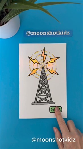 DIY “Radio tower” interactive light-up card. Easy and fun paper circuit project for beginners. You will need: - 2 LED diodes - Conductive copper tape - Coin cell battery 3V (CR2032) - Paper - Tracing paper - Markers Warning: this project should be done under adult supervision. ©️ @Moonshotkidz – All rights reserved. Reproduction, distribution, or use of this artwork and video without permission is prohibited. For licensing inquiries, contact Moonshotkidz@gmail.com | Moonshotkidz