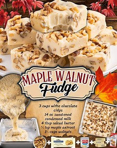 MAPLE WALNUT FUDGE! 3 cups white chocolate chips 14 oz sweetened condensed milk 4 tbsp salted butter ¾ tsp maple extract 1½ cups walnuts #fblifestyle #halloween2025 | Recipes by kamika