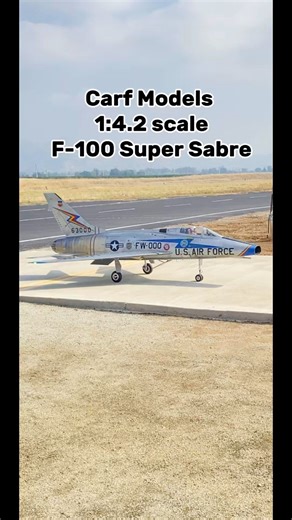 This is the CARF-Models 1:4.2 scale F-100 Super Sabre version 1.0 that has been recently updated to a version 1.5, reducing its weight by 12 pounds. Expertly piloted by Jordan Factor at Peg Field in Reedley, California. This U.S. Air Force jet fighter aircraft was the first operational fighter to exceed the speed of sound in level flight. It was operational from 1953 to 1973 with the US Air Force. It was used by the Air National Guard until 1979. It was made by North American Aviation, Inc., and
