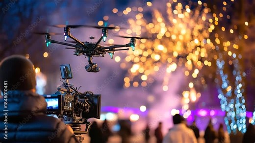 Commercial drone filming winter fireworks for Christmas broadcast, faceless camera crew coordinating below, defocused holiday aerial production background, seasonal pyrotechnic cov