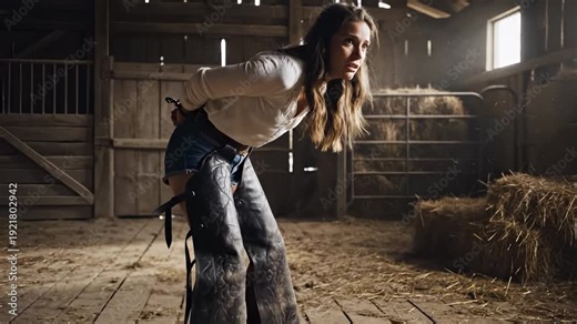 The woman stands in a barn, wearing a top and unique chaps. Light streams through the barn, illuminating the hay and wooden beams around the woman.