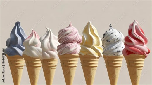 A row of six ice cream cones with different flavored ice creams on top. Each cone has a unique color scheme representing the ice cream's flavor.