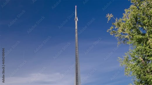 Timelapse Hyperlapse of Moscow Cosmonautics Museum and Memorial's entrance building. Unique exhibition about the major space exploration achievements of Soviet Union. People walking in park