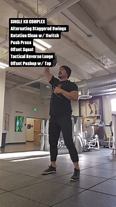 1K views · 14 reactions | SINGLE KB COMPLEX (20kg) ‍ Alternating Staggered Swings Rotation Clean w/ Switch Push Press Offset Squat Tactical Reverse Lunge Offset Pushup w/ Tap X5 reps per side 5 ROUNDS TOTAL 2 Minute REST between Rounds.  Via @train_2_thrive #kettlebells #strengthandconditioning #strength #conditioning #complex #functionaltraining | Living.Fit | Facebook