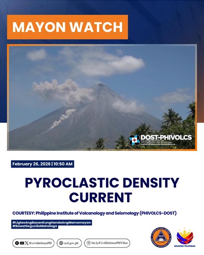 WATCH: Time-lapse footage of a pyroclastic density current (PDC) or "uson" at Mayon Volcano that began at 10:50 AM today, 26 February 2026, and had a flow duration of four (4) minutes before coming to rest some 2.5 kilometers of the summit crater. The PDC descended the Mi-isi Gully (south-southwest) and generated a grayish to brownish >1 kilometer-tall ash cloud that drifted southwest. Alert Level 3 prevails over Mayon Volcano and entry into the 6-km Permanent Danger Zone should be prohibited. S