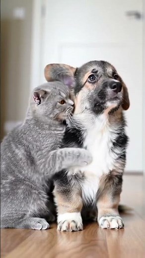 Corgi Puppy Gets the Sweetest Hug from Kitten 🐶🐱❤️