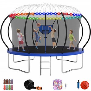 Jump Into Fun Trampoline 12FT 1200LBS, 10FT 14FT 16FT Trampoline for Adults and Kids, Trampoline with Enclosure, Basketball Hoop, LED Lights Sprinkler and More Gifts, Outdoor Pumpkin Trampoline