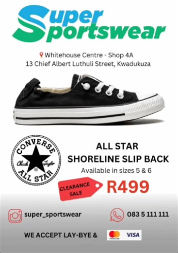 🔥🔥🔥🔥🔥🔥🔥🔥🔥 *OUR BLACK FRIDAY DEALS ARE HOT AND HAPPENING* *YOUR FAVOURITE BRANDS AT THE BEST POSSIBLE PRICES* 🔥🔥🔥🔥🔥🔥🔥🔥🔥 ✨ Find us at our brand-new store: 📍 Whitehouse Centre, Shop 4A, 13 Chief Albert Luthuli Street, KwaDukuza (right next to Debonairs!) *Stockists of:* - ```School Shoes``` - Grasshoppers - Buccaneers - Toughees -```Branded backpacks``` - Nike - Puma - Soviet - Adidas ```School jerseys``` ```School tracksuits``` ```Socks``` ```Skirts``` ```Charcoal GREY, NAVY & B