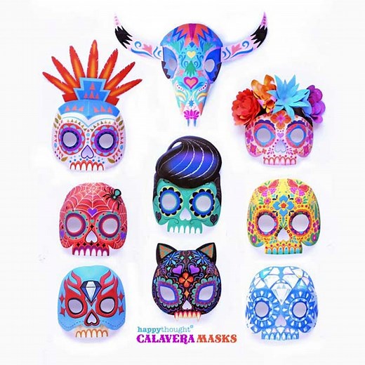 9 Printable Calavera Skull Mask Templates in Full Color, Also Includes Black and White Color-in Masks to Print & Make for Day of the Dead. - Etsy