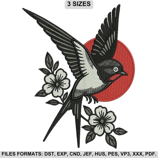 Swallow Bird Embroidery Design, Japanese Style Flying Bird With Cherry Blossom Flowers, Machine Embroidery File, 3 Sizes, Instant Download - Etsy