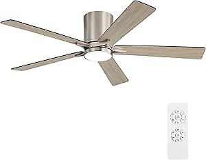 WINGBO 52" DC Flush Mount Ceiling Fan with Lights, 6-Speed Reversible DC Motor, 3CCT, Low Profile Hugger Ceiling Fan for Living Room Bedroom Kitchen, Nickel Finish and Black/Gray Blades