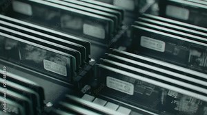 Many Ram memory installed in rows. Loopable shot od computer data storage.