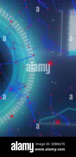 Vertical video: Red nodes starting cyan HUD, rings pulsing, charts syncing to show network data. Holographic, interface, grid, visualization, waveform, graph, vertical video Stock Video Footage - Alamy
