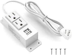 Kungfuking Power Strip with USB, Wall Mountable Socket Surge Protector Power Strip with 2 AC Outlets and 2 USB Charging Ports White Extension Cord 6.56 FT, Flat Plug
