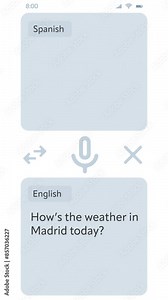 Mockup Concept: Mobile App Interface for Real-time Translation, example Spanish and English. Practical Bilingual Communication About Weather, Showcasing the App's Intuitive Design and Efficiency.